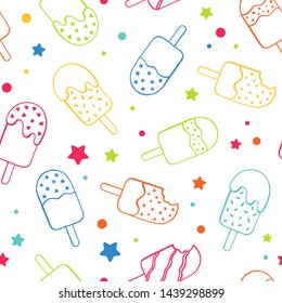 Fun neon colored popsicle ice cream seamless pattern, happy colorful and fresh repeat background with stars - great for summer themed fabrics and textiles, seasonal prints, wallpapers, invitations