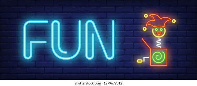 Fun neon text with jack in box toy. April Fools Day design. Night bright neon sign, colorful billboard, light banner. Vector illustration in neon style.