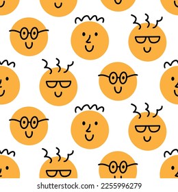 Fun Nerd Emoji Icons Seamless Pattern, Emoticon Doodle Faces Repeat Background Texture. Funky Joyful Vector Illustration. Funny Characters Website Backdrop Design, Textile, Fabric Print, Cartoon Style