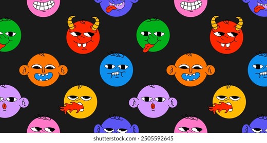 Divertidos Iconos De Emoji De Nerd Patrón Sin Costuras, Las Caras De Emoticon Doodle Repiten La Textura De Fondo. Funky Ilustración vectorial alegre. Diseño de fondo de Sitio web de personajes divertidos, textil, impresión de tela, estilo de dibujos animados