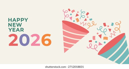 Una divertida composición de Nuevo año 2026 con conos de confeti y coloridos Elementos de fiesta ideales para Anuncios y tarjetas de felicitación.