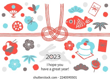 A fun New Year's card for the year of the rabbit in 2023. Various foods and decorations for the Japanese New Year