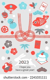 A fun New Year's card for the year of the rabbit in 2023. Various foods and decorations for the Japanese New Year