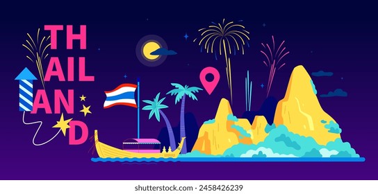 Fun nights in Thailand - modern colored vector illustration with mountains on the island, longtail boat, fireworks and crackers. Party for tourists, palm trees and full moon, summer vacation idea