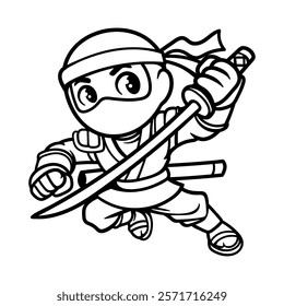 fun ninja hold katana sword cartoon character isolated drawing line style sketch classic vintage design illustration