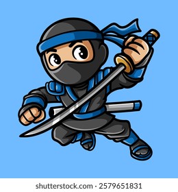 fun ninja hold sword cartoon colored character isolated drawing line style sketch classic vintage design illustration