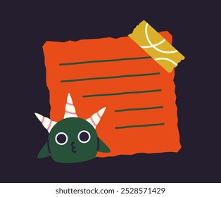 Divertida página de bloc de notas. Demonio verde en página naranja. Papelería y suministros escolares. Hoja del libro. Papel de notas y lista de diarios. Ilustración vectorial plana aislada sobre fondo negro