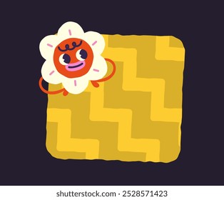 Fun notepad page. White flower character at yellow page. Place fo text and notes. Organization of educational process. Flat vector illustration isolated on black background