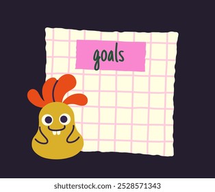 Fun notepad page. Yellow adorable monster at checkered page. Notebook sheet with goals inscription. To do list and memo. Flat vector illustration isolated on black background