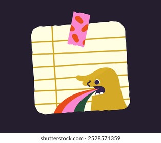 Divertida página de bloc de notas. Personaje ficticio amarillo con arco iris en la página. Gestión del tiempo, planificación y programación. Libro y hoja de diario. Ilustración vectorial plana aislada sobre fondo negro