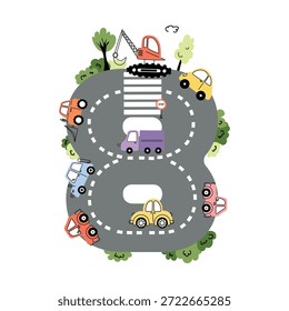 Número 8 de diversión con vehículos y diseño de carreteras