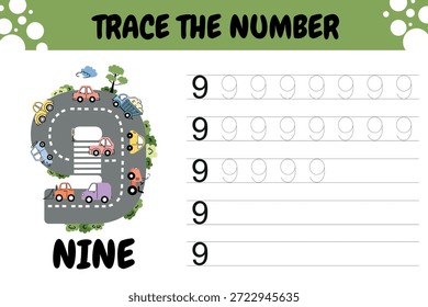 Spaß Nummer 9 Tracing druckbar mit Auto-Thema
