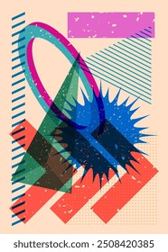 Fun object in trendy riso graph design. Colorful geometric shapes. Geometry elements abstract risograph print texture style.