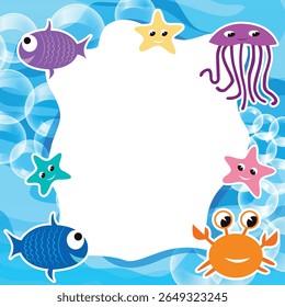 Fun ocean-themed frame with smiling fish, starfish, crab, and jellyfish on a blue bubbly background. Perfect for kids party invitations, labels, or school printables.