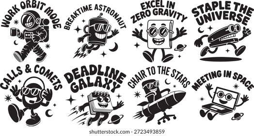 Conjunto de ilustração vetorial de personagens temáticos do Fun Office; humor de trabalho peculiar cósmico; estilo de desenho animado exclusivo arte de design gráfico