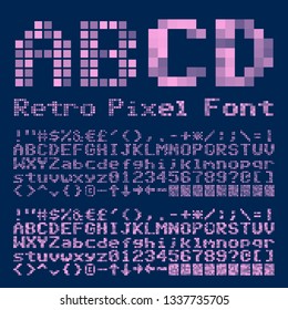 Fun old style pixel art Font in blue and pink colors. Retro gaming design.