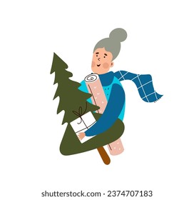 Fun old woman holding presents for his family and a new year tree. Vector flat cartoon illustration on white background.