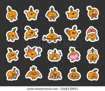 Fun onion character. Sticker Bookmark. Charming cartoon hero. Hand drawn style. Vector drawing. Collection of design elements.