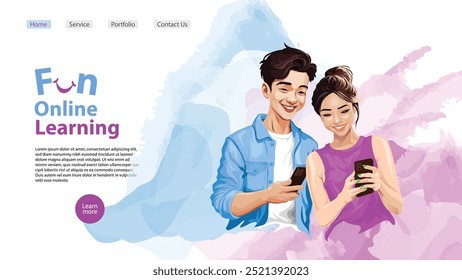 Fun Online Learning web illustration template with a man and girl illustration and a water color style background.