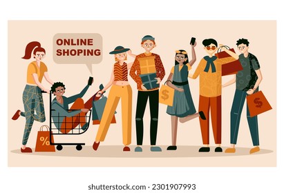 Fun online shopping. Group of people are shopping at bargain prices. Discounts and sales online. Men and women buy goods without leaving home. Color vector illustration