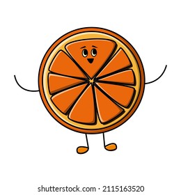 Fun orange character in cartoon style for kids. Sweet juicy citrus fruit mascot with cute face for summer vitamin juice