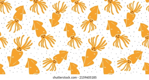 Fun orange octopus on white background. Seamless pattern.