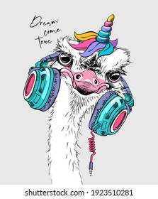 Fun Ostrich in a headphones with a rainbow unicorn horn. Humor card, t-shirt composition, hand drawn style print. Vector illustration.