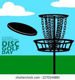 A fun outdoor sport called Disc Golf with disc and a chain ring with bold text, National Disc Golf Day August 6