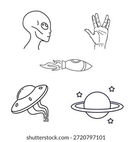 Divertido espaço exterior doodle coleção incluindo uma cabeça alienígena, OVNI, planeta com anéis, e mãos celestes. Ótimo para fãs de ficção científica, livros infantis, adesivos e projetos gráficos com temas cósmicos.