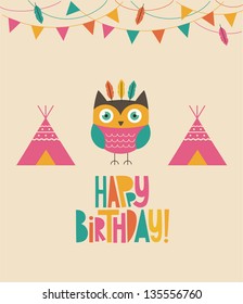 fun owl birthday card design. vector illustration