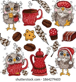 Fun package of cute owl need coffee with set digital elements