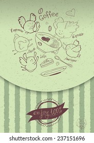 Fun packaging, poster or sticker for coffee shops, restaurants, cafes and caffeine. Vector illustration