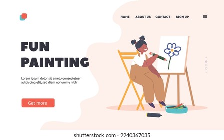 Fun Painting Landing Page Template. Little Child Draw On Easel. Black Girl Character Drawing In Artist Studio Or Art School Workshop With Colored Pencils on Canvas. Cartoon People Vector Illustration