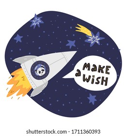 Fun panda flying in spaceship or galaxy rocket and looks on falling star. Make a wish hand drawn lettering text in speech cloud. Flat vector illustration.