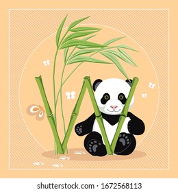 Fun panda learns the letters of the alphabet, the letter W. This pattern is suitable for fabrics, t-shirts, gift wrapping, postcards and other printing surfaces.