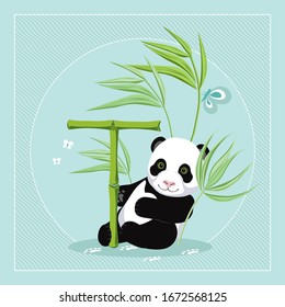 El panda divertido aprende las letras del alfabeto, la letra T. Este patrón es adecuado para telas, pantalones-t, envoltura de regalo, postales y otras superficies de impresión.