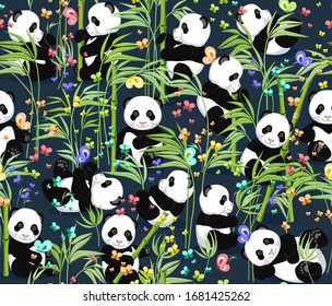 Fun panda playing with bamboo leaves. This pattern is suitable for fabrics, t-shirts, gift wrapping, postcards and other printing surfaces.