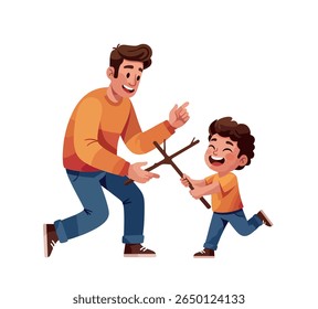 Fun parent-child activity with construction toys – father teaching son through play at home, isolated on white background.