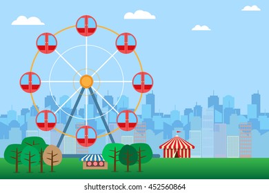 fun park and circus tent with ferris wheel in carnival fair on city background
