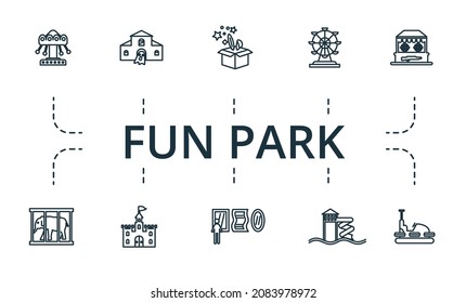 Fun Park icon set. Collection of simple elements such as the focus, bumper car, shooting gallery, water park, mirror room, castle.