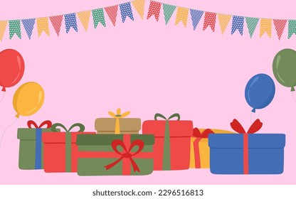 Fun party background with many gift boxes, balloons and party decoration. Pink background for celebration, congratulations with space for text. flat illustration for birthday,  party, banners. Vector