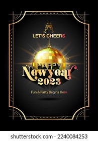 Concepto de tarjeta de invitación de fiesta y diversión del Año Nuevo 2023. Feliz Año Nuevo 2023. 3d texto dorado con divertido brillo de fiesta y fondo Art Deco de lujo.