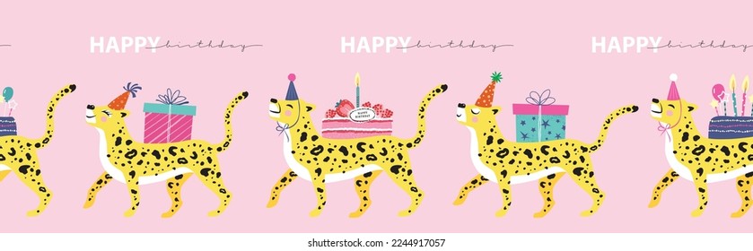 Fun party leopards with presents and cakes vector illustration.