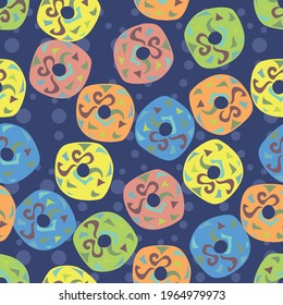 Fun party style multicolor doughnut vector repeat scattered pattern on a navy blue background with decorative polka dots