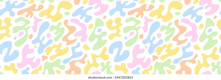 Fun pastel color seamless pattern for wrapping paper, flyer, poster, cover design, sticker and toys. Retro hippie design. Childish doodle wallpaper print set.