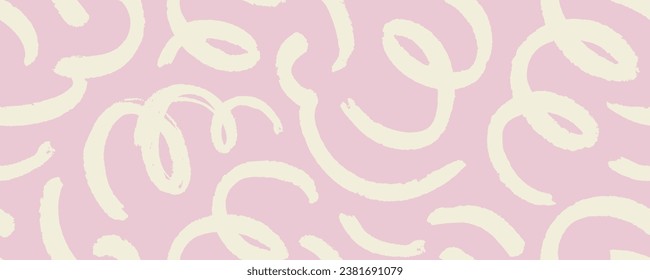 Fun pastel colored line doodle seamless banner design. Brush drawn squiggles and swirls with loops. Creative minimalist style art pink shapes background for children or trendy design with curly lines.