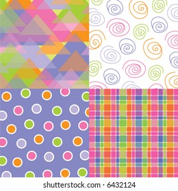 fun pastel triangles, dots, plaid and scribble quads (vector)