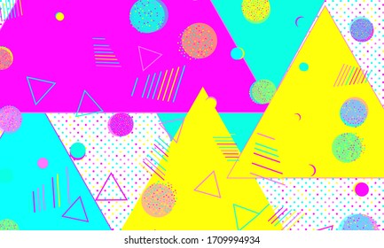 Fun Pattern. Abstract Colorful Funky Background. Memphis Design. Fun Background. Color Yellow Cover. Bright Decor. Triangle Print. Trendy Backdrop. 90s Design.