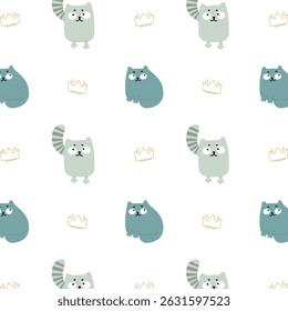Fun pattern with cats and crowns on a white background for decor, textiles and clothes