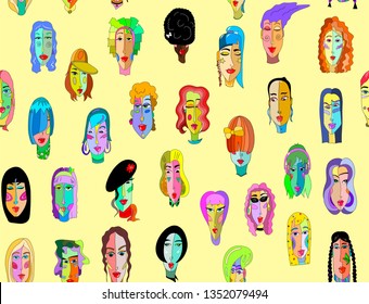 Fun pattern. Colorful caricatures of girls' heads. Trend Vector EPS10